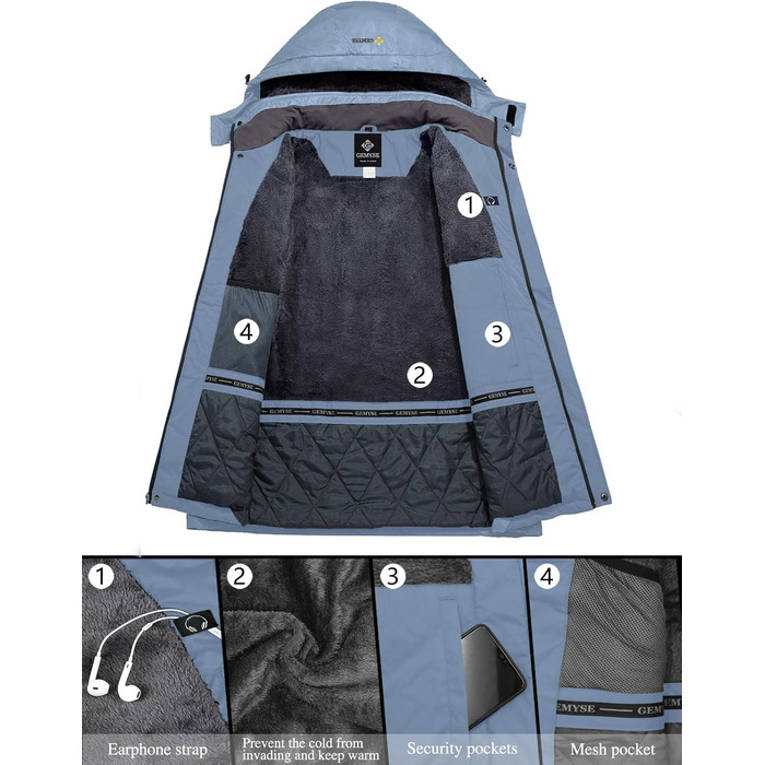 Жіноча водонепроникна гірськолижна куртка GEMYSE з флісовою підкладкою та капюшоном, для активного відпочинку, кольору смарагдова блакить (L)