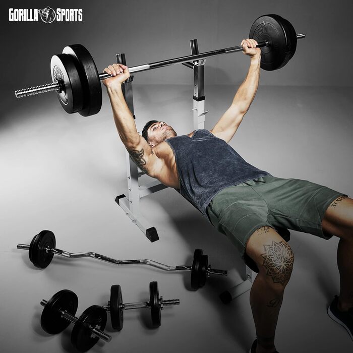 GORILLA SPORTS® Лава для жиму з підставкою, регульована висота і кут нахилу, складана, до 200 кг, чорна або біла, багатофункціональна тренувальна лава
