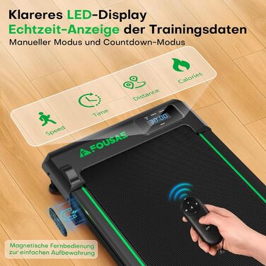 Walking Pad FOUSAE: Бігова доріжка для дому з регулюванням нахилу до 9%, LED-дисплеєм, пультом керування та мобільним додатком, 12 програм, до 150 кг, чорно-зелений