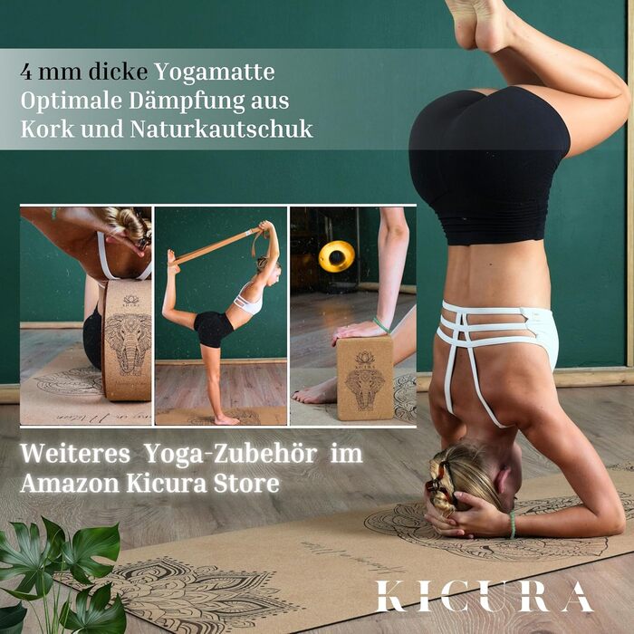 Кікура Йога-мат з корку та натурального каучуку з мотивом слона – Нековзна преміум-мат, 4 мм, з ремінком – Екологічна, 3 розміри (M, L, XL), XL - 200x68x0,4 см