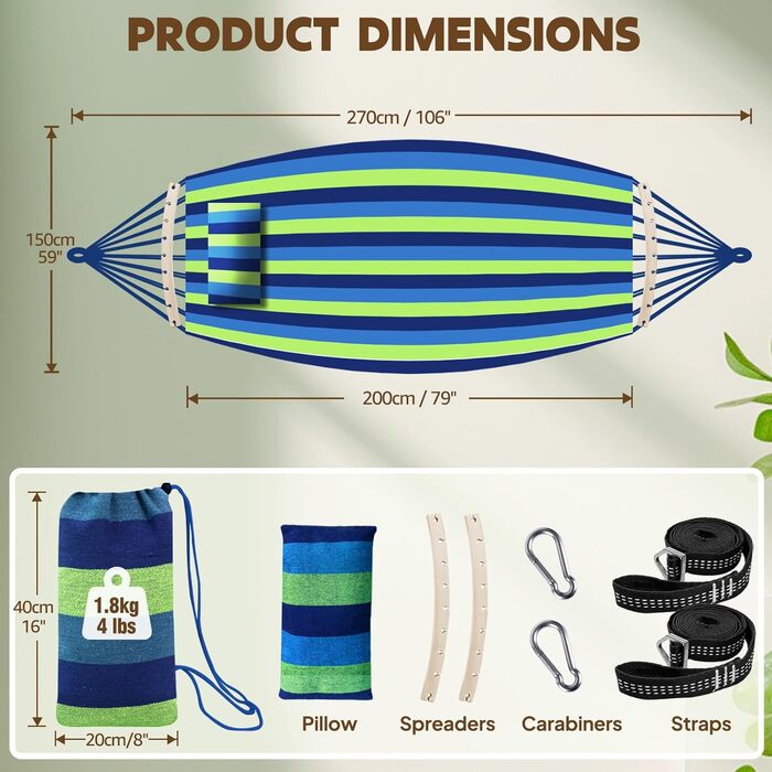 Гніозда-гамак з бавовни Chihee: великий, м'який, дихаючий, для кемпінгу. Максимальне навантаження 300 кг. Знімний підголівник, 2 міцні ремені, карабіни. Розмір 270x150 см. Кольори: блакитний/зелений в смужку