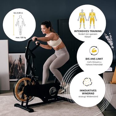 Велотренажер SportPlus Profi Air Bike з повітряним опором, сумісний з додатком, для HIIT, розумний комп'ютер, до 135 кг, чорний/жовтий