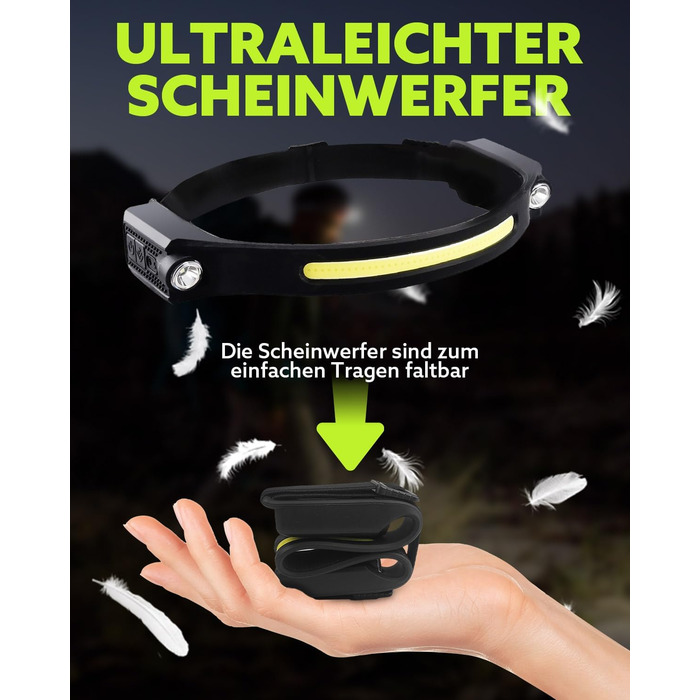 Ліхтар на голову LED акумуляторний, 1200 люмен, сенсор, 2 прожектори, COB, 5 режимів, 12 годин роботи, IPX4, для бігу, кемпінгу, чорний