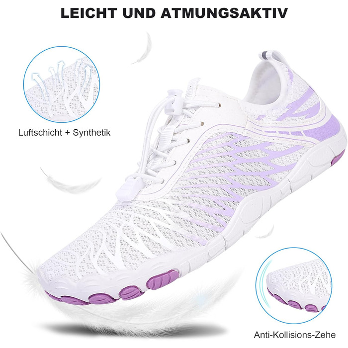 RUYI Взуття для пішоходів без шкарпеток унісекс, швидковисихаюче, для плавання, м'яке, легке, трейлраннінг, фітнес, з неслизькою підошвою та широкою передньою частиною (A09 Білий/Фіолетовий, 41 EU)