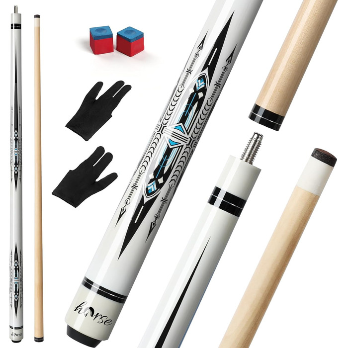 Більярдний кий Horse Billiard з наконечниками 13 мм, 147 см, включає рукавички та крейду, для дорослих, дизайн Gotik, Ahorn/Eschenholz