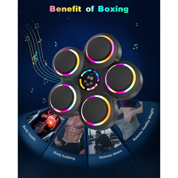 Музична бокс-машина з LED-підсвіткою та Bluetooth, 9 режимів швидкості та лічильник ударів, для дорослих та дітей, 5 ударних подушок