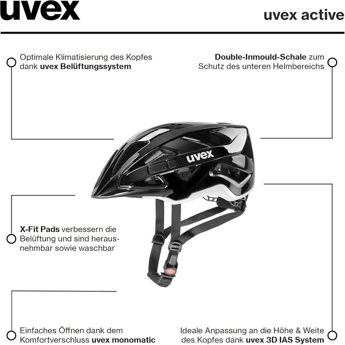 Шолом uvex active: захисний універсальний шолом для жінок та чоловіків, регульований розмір, розширюваний світлодіодним ліхтарем (чорний/білий, 52-57 см, Single)
