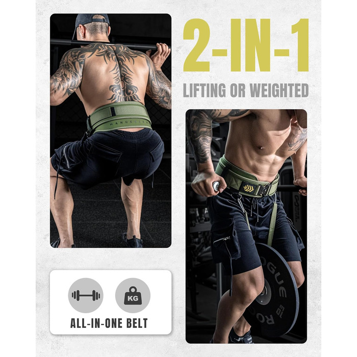 Пояс для важкої атлетики Manueklear 2-в-1 з мотузкою 92 см, подвійний пояс, пауерліфтинг, фітнес, зважений пояс для підтягувань та присідань (зелений, M (30-33 дюйми))