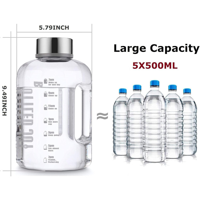 Спортивна пляшка для води VENNERLI 2,5 л з ручкою та маркуванням часу. Безпечна, для спортзалу, фітнесу, офісу, дому (Чорний) (2,2л Прозора)
