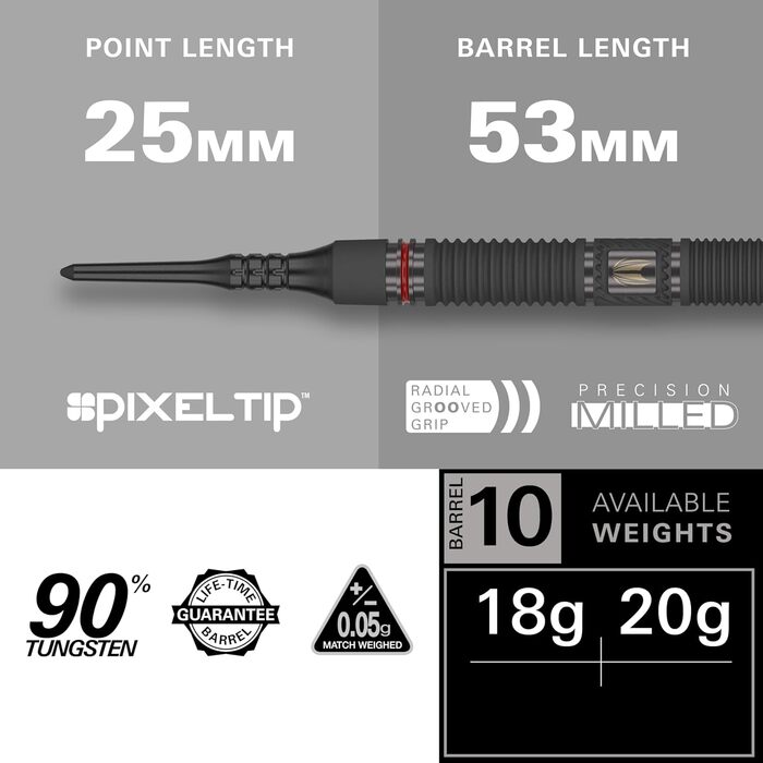 Набір електронних дартс Target Darts Scope Softdarts, 90% вольфрам, червоні та чорні дартси з Pixel-наконечниками, ваги 18/19/20/21 г