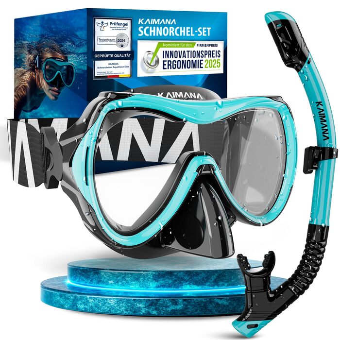 Комплект для снорклінгу Kaimana AquaVision Elite, маска та трубка для дорослих, чорно-бірюзовий колір, з сумкою