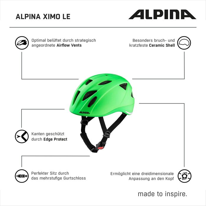 Дитячий велосипедний шолом Alpina XIMO L.E., легкий, міцний, із LED-підсвіткою, зелений матовий, 49-54 см