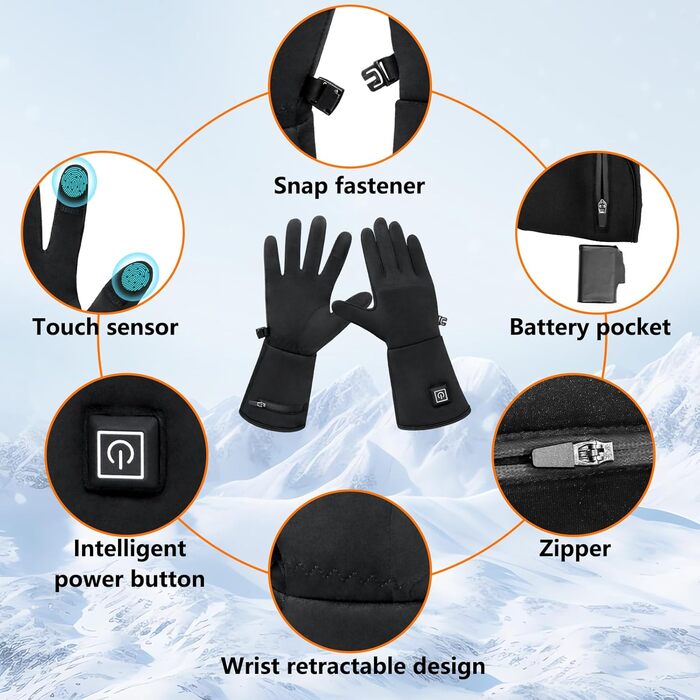 Електричні гріючі рукавички для жінок та чоловіків, чорні, M/L, водонепроникні, з акумулятором 7.4V 2200mAh, 3 режими нагріву, сенсорний екран