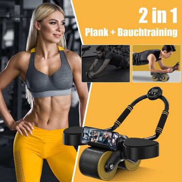 Ролик для пресу з пружиною та таймером – автоматичний ролик для пресу з підставкою для ліктів та подвійними колесами – для тренування пресу та планки – фітнес-обладнання для дому (до 150 кг)