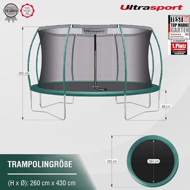 Трамплін Ultrasport Deluxe: діаметри 244/305/366/430 см, сертифікований TÜV Rheinland, повний комплект, круглий садовий трамплін з м'якими стійками, захисним сіткою та захисним бортиком (Deluxe)