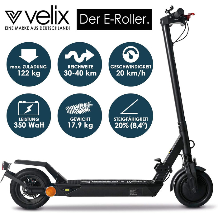Електросамокат Velix E-Kick V2021, 20 км/год, 40 км, складаний, з допуском до доріг, навантаження 122 кг