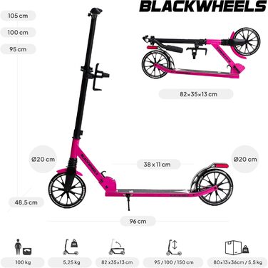 Самокат міський BLACKWHEELS Zoom City-Scooter 200мм, алюмінієвий, складаний, з амортизаторами, регульований кермо, чорно-рожевий