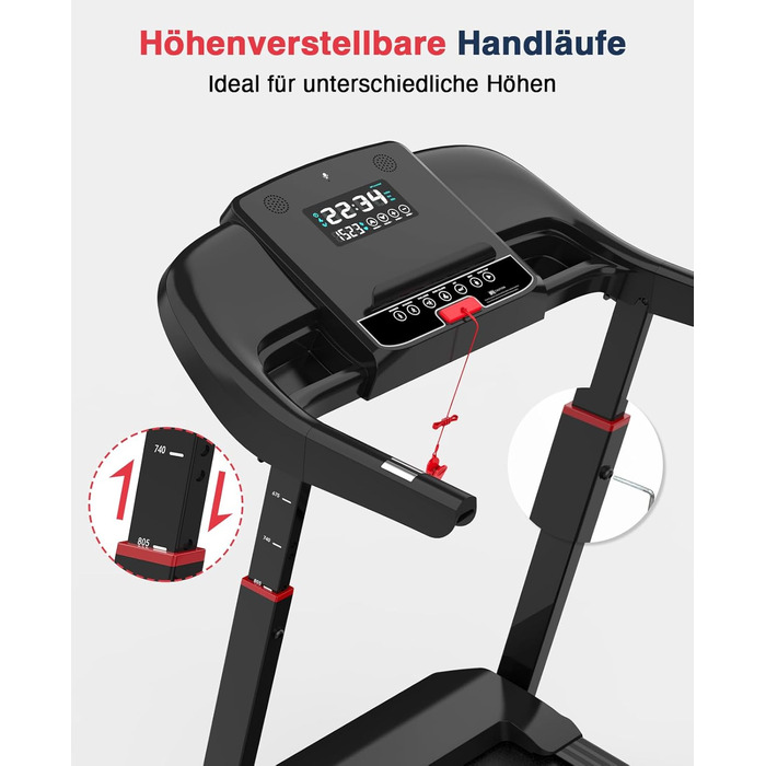 Біговий тренажер Redliro з автоматичним нахилом 15% - складний, до 160 кг, з регульованим поручнем та Bluetooth, для дому