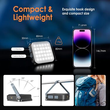 LED кемпінговий ліхтар Quntis, складаний, перезаряджуваний, 4 режими яскравості, аварійне освітлення для походу, кемпінгу та надзвичайних ситуацій
