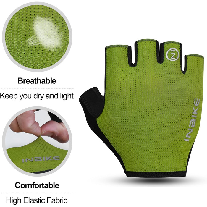 Рукавички велосипедні INBIKE Kurz Halbfinger MTB, чорно-зелені, розмір M (18.5-19.5 см), 5 кольорів