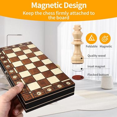 Магнітна шахова дошка 3-в-1 з дерева, 29 x 29 см. Шахи для дітей, для подорожей та сімейних ігор