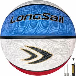 Longsail баскетбольний м'яч для дітей та дорослих, розміри 3/4/5/7, 57,1–74,9 см, композитна шкіра/преміум-гума, з насосом, для залу і вулиці, басейн, пляж, червоний/білий/синій