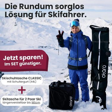 Набір мішок для лиж та лижних черевиків Otaro | Мішок для лиж на 1 або 2 пари | Регульований мішок для лиж, водовідштовхувальний, міцні блискавки, м'який ремінь, сірий. (2 пари лиж до 185 см) + мішок для лижних черевиків