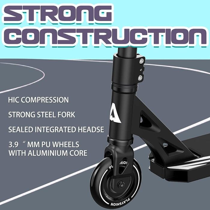 PlayShion Скутер Фристайл з колесами 100 мм та підшипниками ABEC 9 для дітей та дорослих, чорний