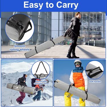 Скі-сумка на колесах для подорожей, м'яка подвійна скі-сумка для 2 пар лиж до 175 або 190 см, сіра (175 см)