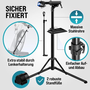 Підставка для збирання велосипедів Monzana® Profi: сталева, складна, регульована по висоті, 50 кг, для E-bike, з органайзером для інструментів та мішком для багажу