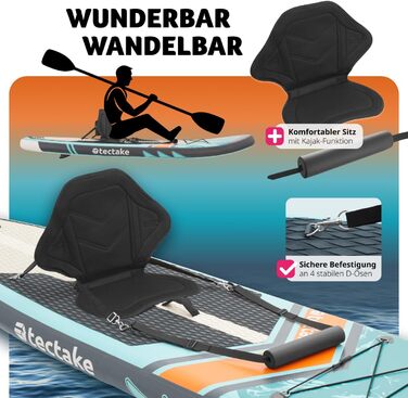Надувна SUP-дошка tectake® з насосом, сидінням, веслом, фіннами, рюкзаком, до 200 кг, для водного спорту та падлінгу