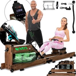Гребний тренажер Miweba Sports MR700 Pro з водяним опором, складаний, Bluetooth, Kinomap App, LED-підсвітка бака, дерево (Коричневий)