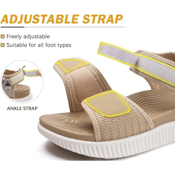 Жіночі трекінгові сандалії KuaiLu: зручні ортопедичні сандалії для піших прогулянок та спорту, літні сандалії з відкритим носком, регульовані на липучках, 41 EU, бежевий