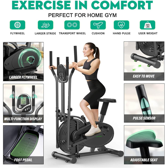 Еліптичний тренажер Neezee Crosstrainer Pro 2-в-1 з магнітним опором, сидінням та LCD-дисплеєм. До 120 кг, чорний
