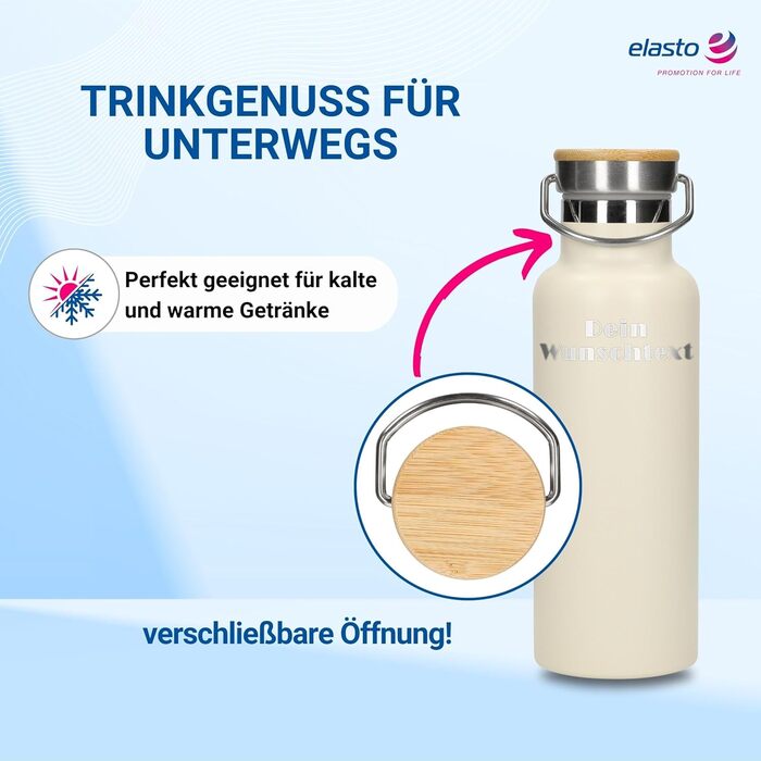 Персоналізована пляшка для води 500 мл з нержавіючої сталі, подвійні стінки, ізоляція, не протікає, з ручкою, колір: фіолетовий (бежева з текстом за бажанням)