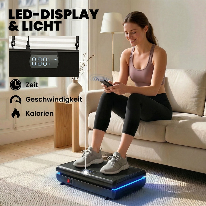 Віброплатформа з 120 рівнями інтенсивності, 5 програмами, LED-підсвіткою, гумовими амортизаторами та ременями опору