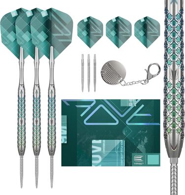 Професійний набір дротиків Target Darts Rove Swiss Point 90% вольфраму, сталевий наконечник, зелено-сріблясті, 22-25 г, з інструментом