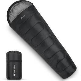 Спальний мішок Mumienschlafsack для дорослих - легкий, компактний, водонепроникний з капюшоном, 220x85 см. Підходить для кемпінгу, походів та подорожей (Чорний)