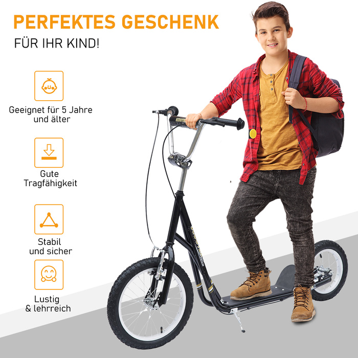Дитячий самокат HOMCOM 16 дюймовий самокат Kick Scooter з гальмами для дітей від 5 років, кікборд чорний 135x58x92-100 см