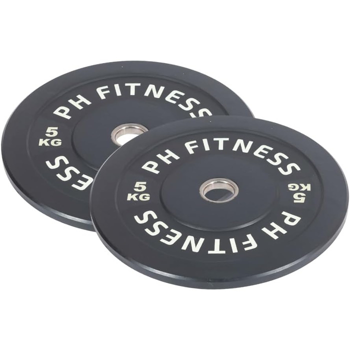 Олімпійські гумові диски PH Fitness 5 кг, набір 2 шт., чорні, для штанги 50 мм – для тренажерного залу, дому, важкої атлетики та силових тренувань