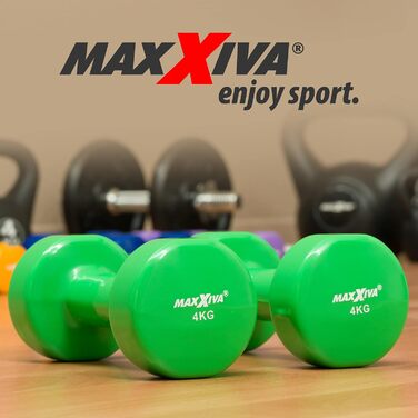 Гантелі MAXXIVA 2x4 кг з вініловим покриттям, стальний стрижень, короткі, для фітнесу, силових тренувань, зелений колір