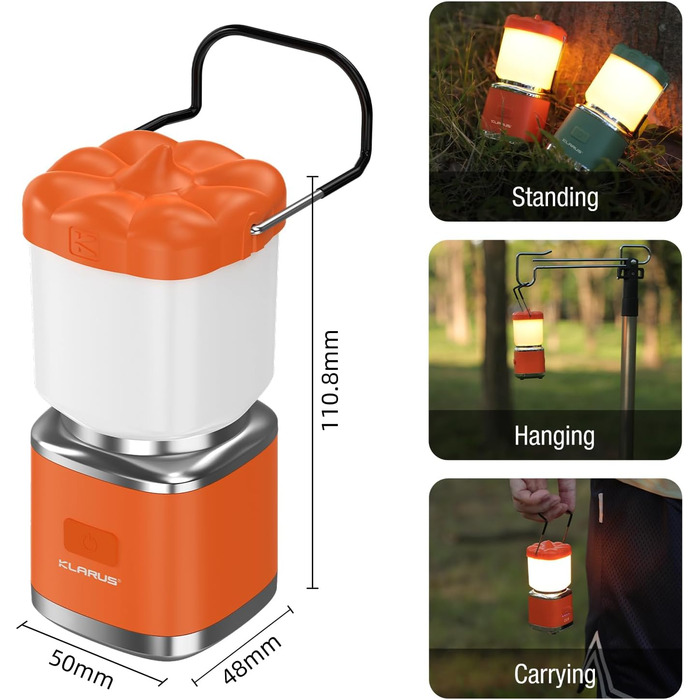 KLARUS CL8 Mini Camping-ліхтар: перезарядна LED-лампа з 5 режимами, водонепроникна IPX5, з гачком для намету, оранжева
