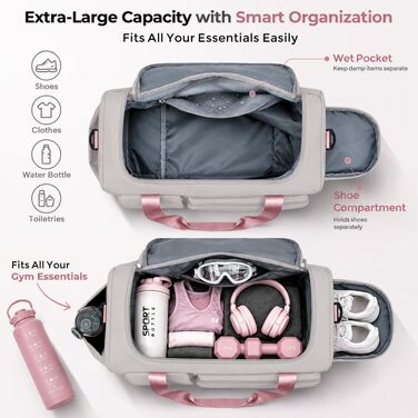 Спортивна сумка FIORETTO 30Л для подорожей та фітнесу, складна дорожня сумка з відділенням для взуття та вологих речей, водовідштовхуюча, світло-сіра з рожевим