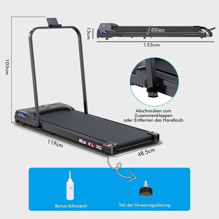 BLACK LORD Intelligentes Gehpad 2-в-1: бігове полотно під стіл для дому та офісу, портативний тренажер для ходьби та бігу з додатком та пультом, запис даних про фітнес SL9H - Чорний (з ручками)