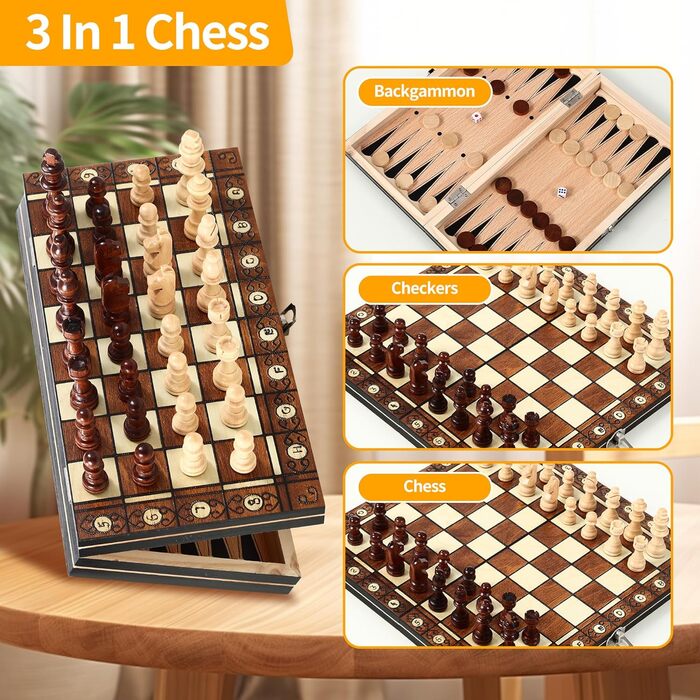 Магнітна шахова дошка 3-в-1 з дерева, 29 x 29 см. Шахи для дітей, для подорожей та сімейних ігор