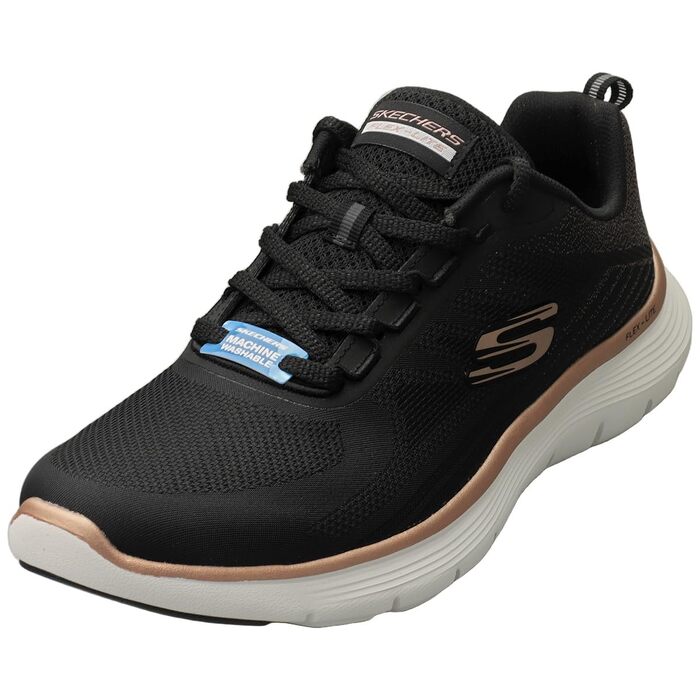 Жіночі кросівки Skechers Flex Appeal 5.0 — Спортивне взуття з дихаючої сітки, чорні з червоно-золотистим декором, розмір 38.5 EU