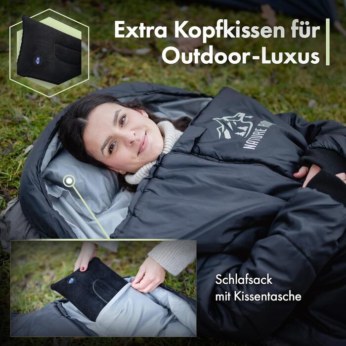Спальний мішок з рукавами Nature Rovers – дорослий, для кемпінгу та відпочинку на природі (3 сезони), водонепроникний, з отворами для ніг, включає подушку, чорний