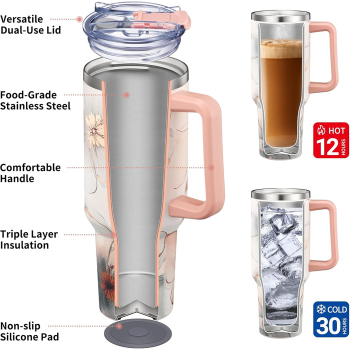 Термофляга THILY з нержавіючої сталі з кришкою та трубочкою, 1.2 л, спортивна, подвійні стінки, широке горлечко, зберігає холод/гарячість цілий день, колір Лавандовий сон (P40 - Ніжне золото, модель A: міцний ручка + компактна основа)