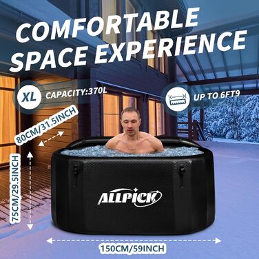 Складна крижанa ванна ALLPICK 150 см з кришкою, 370 л, для спортсменів, сумісна з охолоджувачем, для кріотерапії, для вулиці та дому, чорна