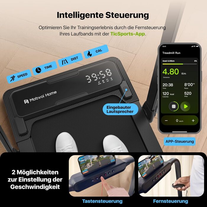 Беговая дорожка Mobvoi Home Intelligente KI 3-в-1: для дома и офиса, складная, 12 км/ч, до 120 кг, LED-дисплей, поддержка Zwift/Kinomap